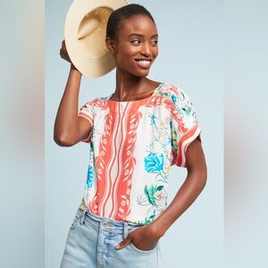 Anthropologie Maeve Romina Scarf-Printed Floral Blouse Short Sleeve
